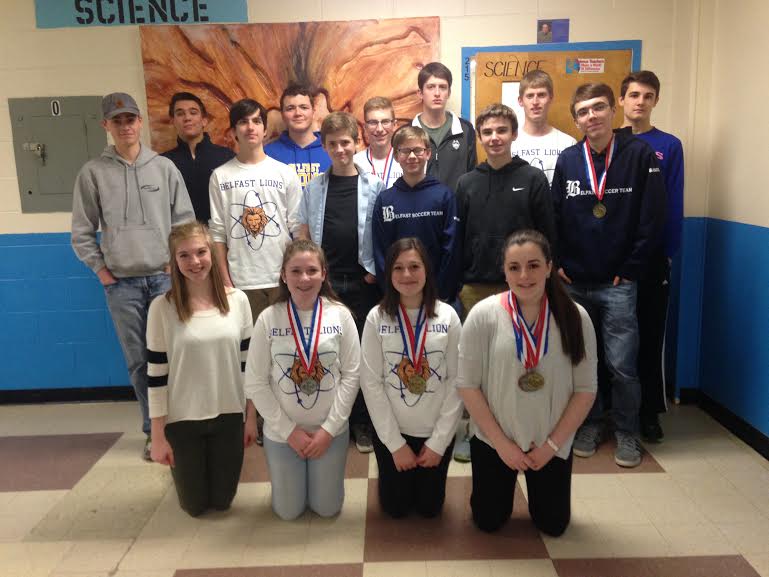 BAHS Science Olympians bring home medals at science states. Pictured (left to right), from back, Nolan Woods, Kyle Brown, Zach Sheafe, Will Bickford, Jordan Bickford (co-captain), Zane Bielenberg; second row, Brian Rollerson, Corey Deschamps, Trevor Martell, Caleb Hall-Arnett, Sam Davis, Michael Samsel; front row, Hannah Greene, Kristina Walker, Alison Walker, Katy King (Head captain). Not pictured: Rick Wyman, Alexis Racioppi (Co-Captain), Dejaleen Charbonnier, Ashley Flanders, Leah Taylor.