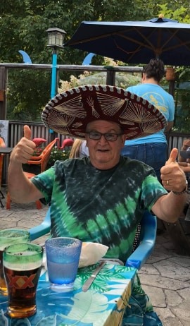 The “honorary diva” models his sombrero while dining out with his fellow divas at Blue Sky Cantina. (Photo courtesy of Julie Clement)
