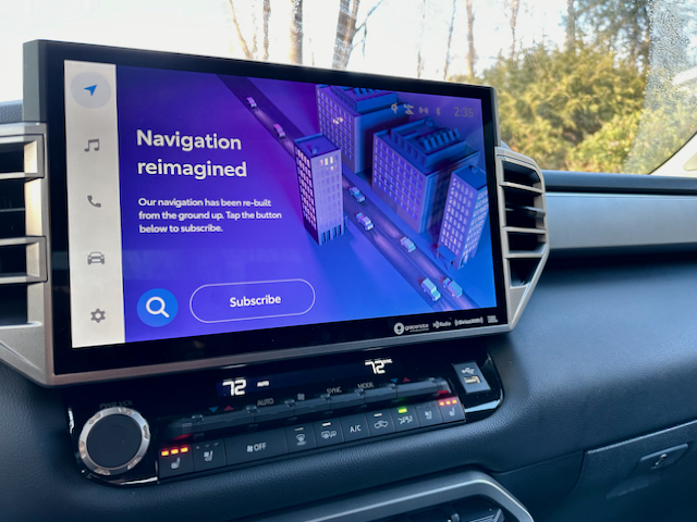 The large (14-inch) multimedia touchscreen on upper trim levels of the Tundra. That’s an on-off/volume switch for the stereo, but tuning the radio requires tapping into a computer menu.