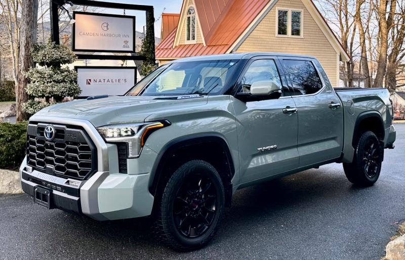A four-door Crewmax version of the Tundra, with a 65-inch bed. (That’s 5.5 feet for you truckers.) Note the cosmetics and stance of the TRD Off-Road Package. This color is Lunar Rock.