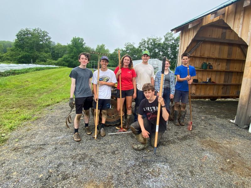 The 2023 at Erickson Fields Preserve. Left to right: Cole Thompson (Teen Ag Crew Leader), Charlie Moss (Teen Ag Crew Leader), Nina Miller (MOFGA Apprentice), Aidan deLorimer (Teen Ag Crew Leader), Jaden Johnson (Teen Ag Intern), Kayne Legasse (Teen Ag Intern). Front: Oliver Wight (Teen Ag Intern). (Photo courtesy Maine Coast Heritage Trust)