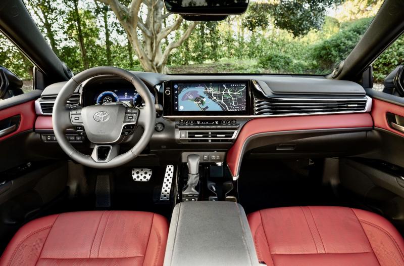The re-engineered, redesigned 2025 Camry XSE cabin gets a larger, 12-3-inch touchscreen while the Premium Plus package adds ventilated (and heated, of course) front seats, a 9-speaker JBL stereo system, a power tilt/slide moonroof, a large head-up display in the windshield and various extra driving-assistance features on top of Toyota’s standard Safety Sense 3.0 system.