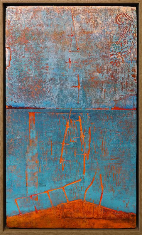 Simon van der Ven, From the Wrack Line - Under the Paisley Sky, acrylic and found object impressions on board, 20x12". (Photo courtesy Page Gallery)