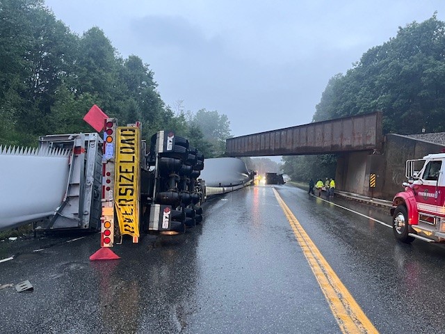 A tractor trailer collided with a bridge in Stockton Springs Aug. 9. (Photo courtesy Maine Dept. of Public Safety)