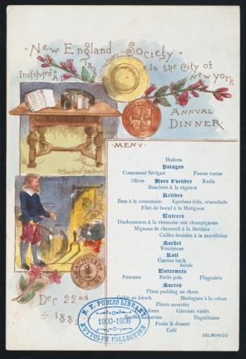 The hand drawn menu of an annual themed dinner held at Delmonico restaurant. (Photo courtesy Wikimedia: Scan by NYPL )