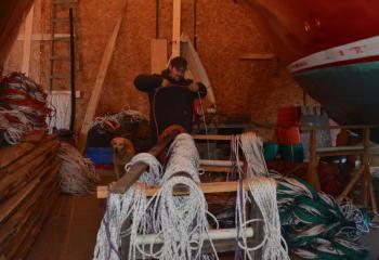 Ralph Jones gets the lines in order for the 2020 lobster season. (Photo by Lynda Clancy)