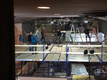 Scaffolding in place for plaster repair and painting of ceiling. (Photo courtesy of Waldo Theatre)