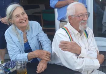 Captains Doug and Linda Lee smile as roasts and toasts are offered at their retirement party on September 8, 2020 at Rockland Golf Club. (Photo credit Maine Windjammer Association)
