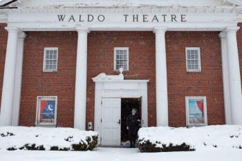 Waldo Executive Director Kate Fletcher at the door to the Theatre February 10, 2021 (Photo courtesy Anna Finocchiaro)