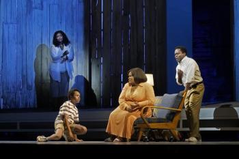 Angel Blue as Destiny, Walter Russell III as Charles-Baby, Latonia Moore as Billie, and Will Liverman as Charles in Terence Blanchard's "Fire Shut Up in My Bones." Photo courtesy of Ken Howard / Met Opera.