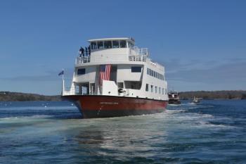 Capt. Richard G. Spear was launched just a little more than a year ago, at the Washburn & Doughty Shipyard in East Boothbay. The ferry now makes the Rockland to Vinalhaven run on a regular schedule, except when bad weather or lack of crew keeps the vessel at dock. (Photo by Kevin Burnham, Boothbay Register)