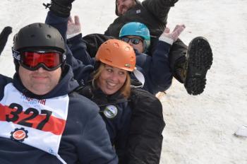 The Town of Rockport toboggan beat out its main competitor this year, the Town of Camden. The tradition of the two-town sled competition began in 2016 when two toboggans filled with four select board members from each town pitted their times against one another. That year, Camden won. This year, the Rockport toboggan was filled with Town Manager Jon Duke, Harbormaster Abbie Leonard, Finance Director Megan Brackett and Public Works crew member Kevin Grierson. (Photo by Lynda Clancy)