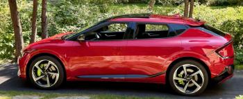 A deceptively sophisticated package: The relatively long wheelbase and short overhangs maximize space. With no driveshaft, the floor is flat. The battery pack lies underneath, for a low center of gravity, and the charging port is at the right rear. Climate control is by heat pump. And the EV6 has the world’s first mass-produced integrated drive axle, which combines the wheel bearings and driveshaft to save weight and improve rigidity.