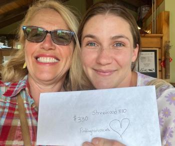 Patrisha McLean, CEO/Founder of Finding Our Voices, with Marykate Moriarty of Streetfood 330, and the proceeds of her “Into the Light!” July sales. Moriarty said “The amount of people in July who showed up just for our “Into the Light!” Mango Bango Dessert Cup was amazing.” (Photo by Patrisha McLean)