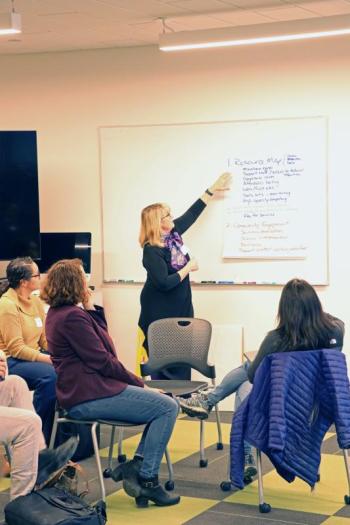 Bigelow Laboratory CEO and President Debbie Bronk leads a discussion session. Leah Campbell photo