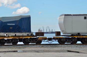 The Mack Point Terminal with cargo on rails, looking southwest down Penobscot Bay. (Photo by Lynda Clancy)