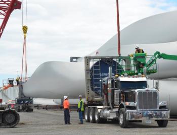 Lifting wind turbines in place after they arrive by ship and are offloaded to the Sprague Terminal. (Photo by Lynda Clancy)