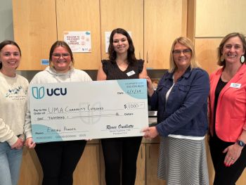 UMA Augusta campus. L-R: Kaylee Jones, UMA; Madison Riggs, UMA; Lauren Cornelio, UCU; Rose Pelletier, UMA; Stephanie Beck, UCU. (Photo courtesy UMA)