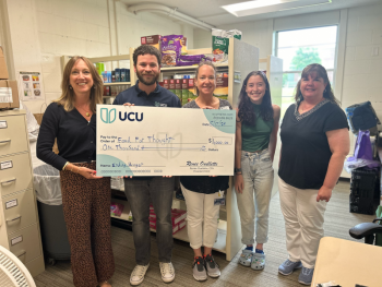 UCU Bangor campus. L-R: Jennifer Davis, UMA Dean of Students;
Seth Poplaski, UCU Community Engagement Manager; Joy Steward, UMA Coordinator of Student Life; Aurelia Maietta, UMA Food Security Intern; Kristie Hexter, UMA Administrative Support Specialist. (Photo courtesy UMA)