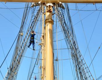 Up in the rigging, an important part of training aboard the Eagle. (Photo by Lynda Clancy)