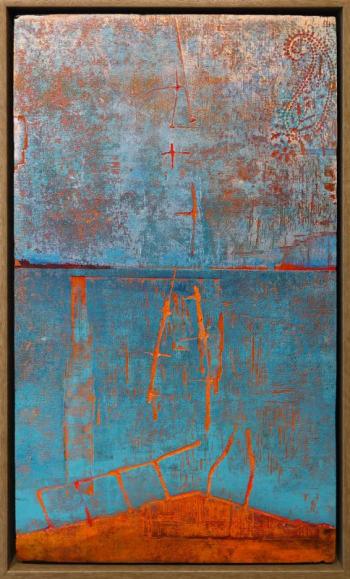 Simon van der Ven, From the Wrack Line - Under the Paisley Sky, acrylic and found object impressions on board, 20x12". (Photo courtesy Page Gallery)