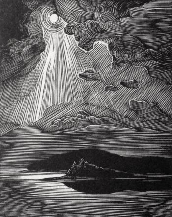 Siri Beckman, Moonlit Islands, wood engraving, 4.25x3.25". (Photo courtesy Page Gallery)