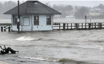 “Flooding in Belfast waterfront, January 2024” will be incorporated into the Belfast Senior College class, “Drowning Belfast.” (Photo courtesy Fred Bowers)