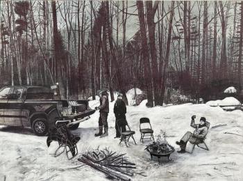 Edward Nadeau, Valentine’s Day 2023. Ink, gouache, ballpoint pen & collage, 36” x 48”. (Photo courtesy Triangle Gallery)