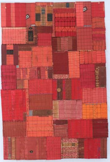 Abbie Read, Red, Book covers and linen thread, 63” x 45”. (Photo courtesy Triangle Gallery)