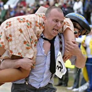 During the Knox Museum’s Midsummer at The Museum Wife-Carrying Race, look for the classic Fireman Technique. (Photo courtesy Sunday River North American Wife Carrying Championship)