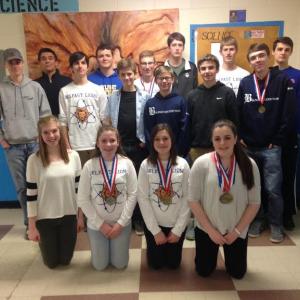 BAHS Science Olympians bring home medals at science states. Pictured (left to right), from back, Nolan Woods, Kyle Brown, Zach Sheafe, Will Bickford, Jordan Bickford (co-captain), Zane Bielenberg; second row, Brian Rollerson, Corey Deschamps, Trevor Martell, Caleb Hall-Arnett, Sam Davis, Michael Samsel; front row, Hannah Greene, Kristina Walker, Alison Walker, Katy King (Head captain). Not pictured: Rick Wyman, Alexis Racioppi (Co-Captain), Dejaleen Charbonnier, Ashley Flanders, Leah Taylor.