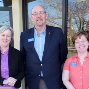 Elizabeth Burrell, Tom Peaco and Amy Rollins of Penobscot Bay Regional Chamber of Commerce welcome businesses to the May 11 Business After Hours event in Rockland. (Photos by Chris Wolf)