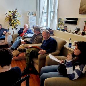 Belfast Maskers actors at an early reading of "As You Like It." (Photo courtesy Belfast Maskers)
