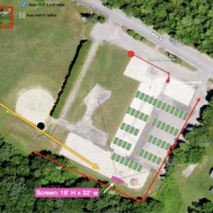 This is sketch of how the former RES site on West Street in Rockport could be configured as a temporary outdoor, drive-in movie theater. The red dot is a potential site for food trucks.
