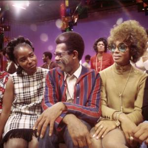 Host/Producer/Creator of the television show SOUL!, Ellis Haizlip, is surrounded by members of the J.C. White Choir just after their performance on the show. (Courtesy Shoes in the Bed Productions)