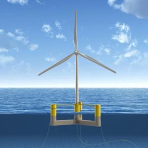 A full-scale rendering of the offshore wind machine that will be installed two miles off the shore of Monhegan Island in 2023 as part of the University of Maine’s Aqua Ventus project. (Photo credit: University of Maine)