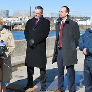 From left, Governor Janet Mills, Representative Scott Cuddy, Dan Burgess, Commissioner Bruce Van Note and Commissioner Heather Johnson in Searsport. (File photo)