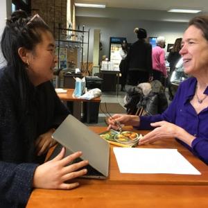 Mia Bogyo, Good Tern Board Member, (left) meets cooking instructor Eileen Murray (right) to plan Moroccan cooking classes. Photo courtesy of Good Tern Co-op.