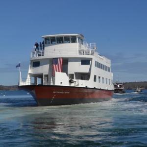 Capt. Richard G. Spear was launched just a little more than a year ago, at the Washburn & Doughty Shipyard in East Boothbay. The ferry now makes the Rockland to Vinalhaven run on a regular schedule, except when bad weather or lack of crew keeps the vessel at dock. (Photo by Kevin Burnham, Boothbay Register)