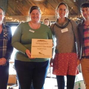 From the 2022 Paul Birdsall Award Ceremony in Belfast at Maine Farmland Trust Annual
Meeting (pictured left to right) DACF Commissioner Amanda Beal, Maine Farmland
Trust President and CEO Amy Fisher, farmers Johanna Davis and Adam Nordell of
Songbird Farm. (Photo courtesy Maine Farmland Trust)