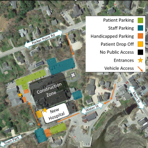 A view of the campus with parking and access information