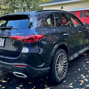 For 2023, the GLC 300—a compact, four-person SUV—became more luxurious and gained extra space in the cargo compartment. These are optional 20-inch wheels and this color is Nautical Blue Metallic.