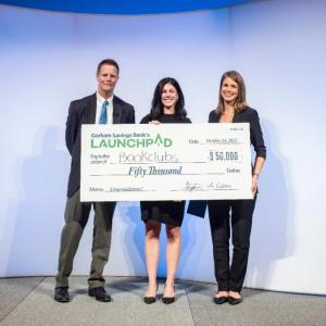 L to R: Gorham Savings Bank CEO Steve deCastro and Anna Ford of Bookclubs with Katie Grant, LaunchPad emcee and Commercial Banker at GSB. (Photo courtesy Gorham Savings Bank)