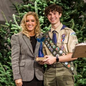 Waldo County General Hospital President Denise Needham, PharmD, presents Eagle Scout and Palermo resident Kaleb Brown with a Health Care Partner Award at the 2023 Belfast Area Chamber of Commerce’s Annual Chamber Awards Gala. (Photo courtesy Belfast Area Chamber of Commerce)