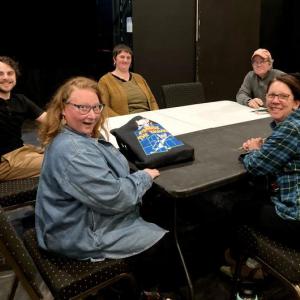 (L-R) Tucker Atwood, Stephanie Natale, Angelina Nichols, Bart Shattuck, and Katie Glessner gathered in December on the stage of Belfast Maskers' theater for an initial read through of David Auburn's "Proof". (Photo by Abby Boucher)