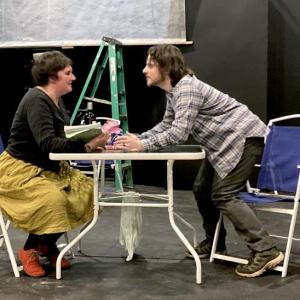 Catherine (Angelina Nichols, left) and Hal (Tucker Atwood) have a heated discussion. (Photo courtesy Belfast Maskers)