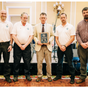 L-R: Harun Laleli (rescue swimmer), Captain Dan Hannigan, Hank Soule (President, Maine Fishermen’s Forum), Eric Laszlo (rescue swimmer), Parker Poole (Determination Marine). (Photo by Dave Waddell)