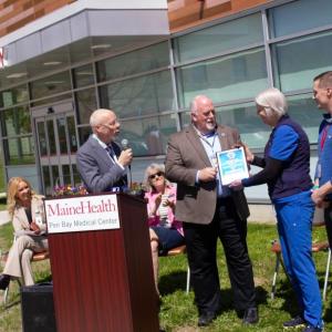 Pictured from left: Denise Needham, PharmD, president of Pen Bay Medical Center and Waldo County General Hospital; Wil O’Neal, Maine EMS director; Maine State Representative Vicki Doudera; Marc Minkler, Maine EMS-C Program Manager; Diane Hynes, RN, Pen Bay Emergency Department pediatric care coordinator; and Tyler Giberson, MD, Pen Bay Chair of Emergency Medicine. (Photo courtesy Pen Bay Medical Center)