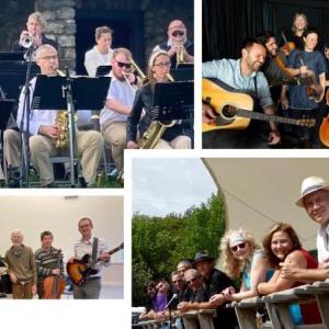 Four bands will perform in Camden on July 4. Clockwise from upper left are Mondaynite Jazz Orchestra, Gawler Family Band, The Right Track, and Bay Chamber Jazz Ensemble.