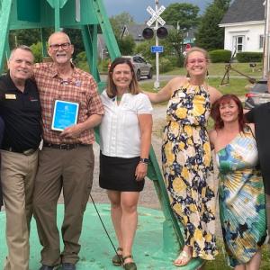 (L-R) Pen Bay Council President-Elect, Fletcher Smith-McNaboe; Maine Association of REALTORS President, Paul McKee; REALTOR of the Year recipient, Sandy Cox; Pen Bay Council President, Victoria Condon; Mid-Coast Board of REALTORS President, Monet Yarnell; Pen Bay Council First Vice President, Cindy Harding; Maine Association of REALTORS President-Elect, Jeff Harris. (Photo courtesy Jen Johanson)